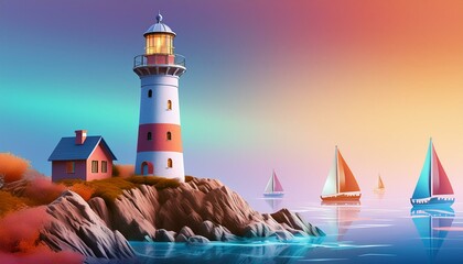 A lighthouse on a coastal cliff with sailboats passing by in the background. 