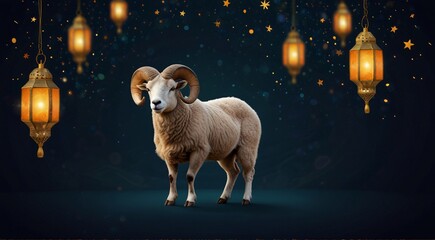Eid al-Adha greeting card featuring a ram and lanterns. Celebrate the festival with this festive design.