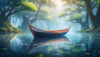 Obraz premium A solitary boat floating in a mist-covered river with soft, diffused light and subtle water 