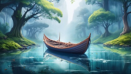 Obraz premium A solitary boat floating in a mist-covered river with soft, diffused light and subtle water 