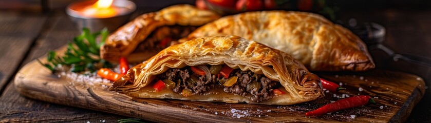 Cornish pasty, beef and vegetable filling, served hot, quaint English coastal town