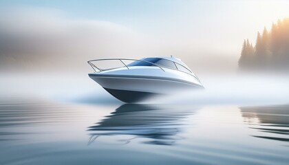 A speed boat emerging through morning fog on a still lake, with soft, diffused light 