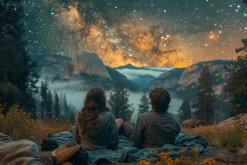 Stargazers lie on blankets in Yosemite meadow, captivated by the brilliant night sky. The scene, enhanced by cinematic color grading and bokeh effect, inspires wonder.