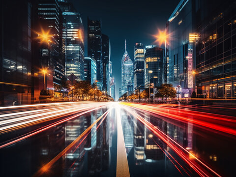 Downtown city lights blend into abstract night background