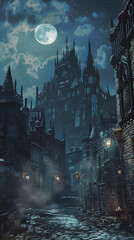 Eerie yet Enthralling: The Gothic Cityscape of Yharnam Under Moonlit Sky