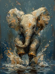 elephant splashing deep trunk jumping joy young child portrait absurdly graceful wet paint white king