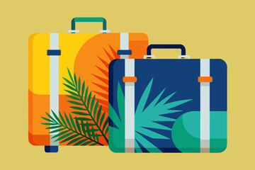 Isolated Suitcases with tropical palm leaves. Travel luggage ready for holiday. Concept of vacation, travel gear, tropical destination, journey. Graphic illustration. Print, textile, design element