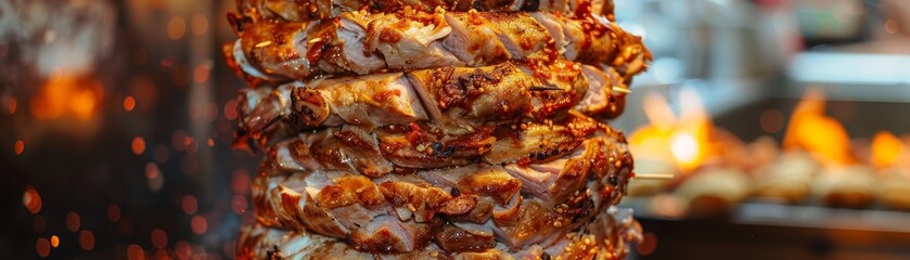 Doner kebab on a vertical rotisserie, thinly sliced meat, busy Turkish market scene