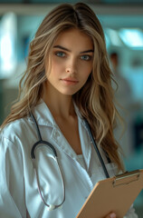 Young Female Doctor with Stethoscope Holding Clipboard in Bright Hospital Corridor