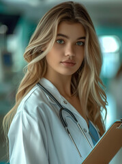 Young Female Doctor with Stethoscope and Clipboard in Contemporary Hospital Corridor