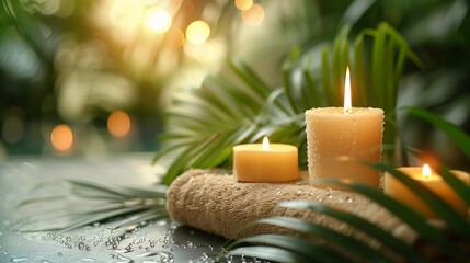 candles lit towel palm leaf wet jungle landscape product relaxing resources background thick layers rhythms under shower deep particles potted trees radiate connection soft bushes