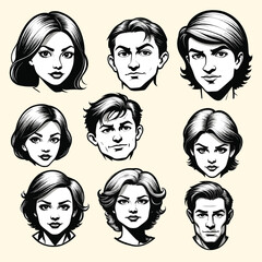 Set of Human Faces Men Women Hand Drawn Illustration
