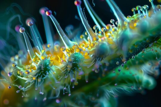 Close-up view of a cannabis trichome under a microscope, highlighting the study of cannabinoids