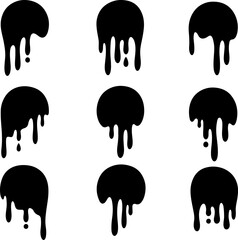 Pixel perfect icon set of melting round shape melted texture label flowing liquid dripping circle molten caramel syrup sweets chocolate blobs. Thin line icons flat vector illustrations