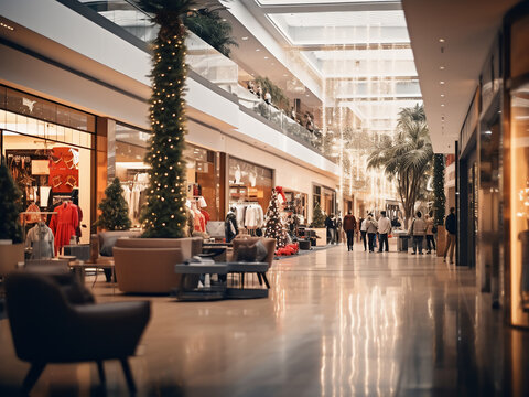 A superstore looms in the background of a bustling shopping mall
