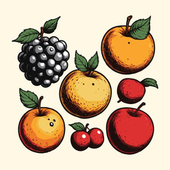 Set of Fruits Hand Drawn Illustration Engraved Style