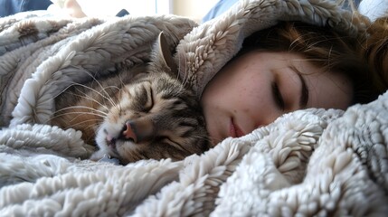 Peaceful Morning: Young Woman and Cat Snuggled Together Under a Cozy Blanket