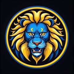 Obraz premium lion head logo with yellow and blue mane enclosed in a circle