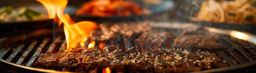 Korean BBQ, assorted meats grilling on a tabletop stove, lively Korean restaurant with friends gathered