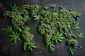 Global map covered in cannabis leaves, depicting the international significance of medical cannabis