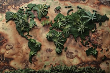 Global map covered in cannabis leaves, depicting the international significance of medical cannabis