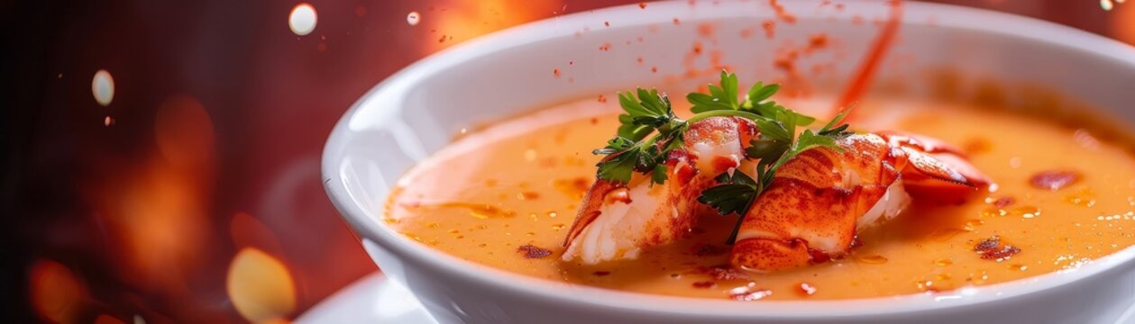 Lobster bisque, rich and creamy, served in a fine dining restaurant