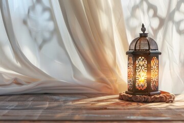 A decorative lantern casting a soft, patterned light through sheer curtains, offering a peaceful and serene setting.