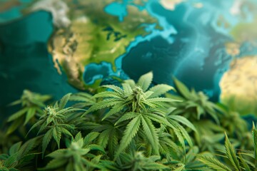Cannabis leaves forming a canopy over the globe, signifying the extensive global reach of medical cannabis