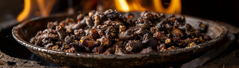 Obraz premium Mopane worms, dried and fried, served as a snack, local Zimbabwean market