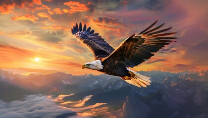 Fototapeta premium Bald Eagle Soaring Against Dramatic Sunset Sky