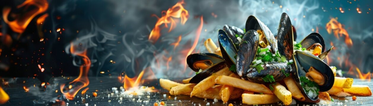 Moules frites, mussels cooked in white wine sauce, served with fries, Belgian beachside cafe
