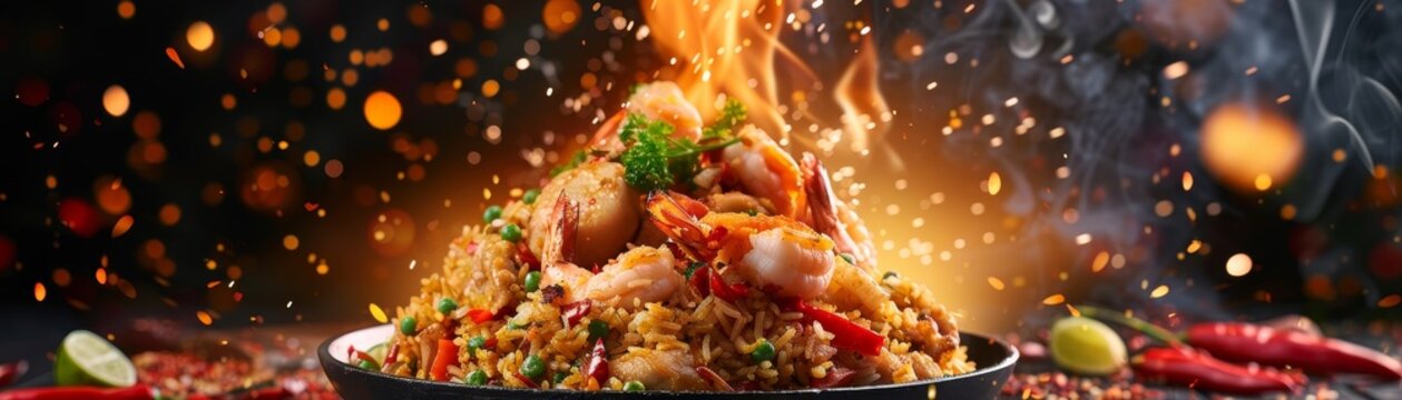 Nasi goreng, Indonesian fried rice with chicken and prawns, tropical beachside eatery