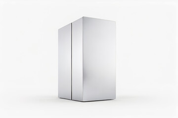 Naklejka premium A sleek stainless steel box stands isolated on white background. Empty and clean surface for customized text.