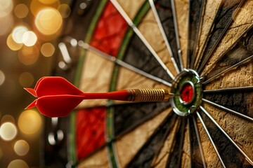 A red dart arrow in the center of dartboard, bokeh background, concept of goal achievement