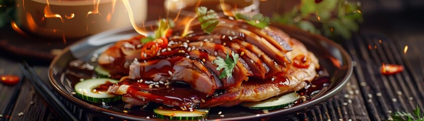 Peking duck pancakes, served with cucumbers and sweet bean sauce, upscale Chinese restaurant