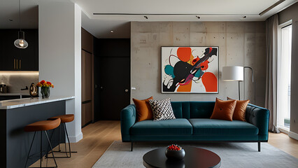 Home interior with A modern, minimalist apartment with sleek, clean lines and pops of bold colors, featuring unique statement pieces and abstract art. - generative AI 