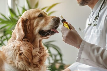 Veterinarian administering CBD oil to a dog. (Animal wellness)