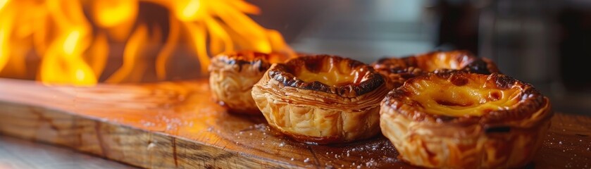 Portuguese custard tarts, pasteis de nata, golden and flaky, closeup on a light wooden board, early morning bakery atmosphere