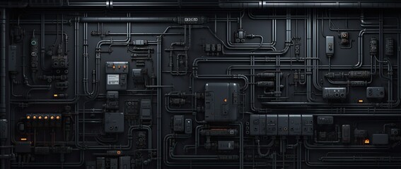 Fototapeta premium A complex control panel integrated within an industrial piping system.
