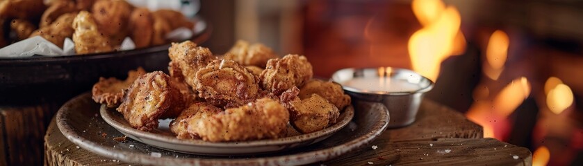 Rocky Mountain oysters, fried bull testicles, served with dipping sauce, Western American ranch setting
