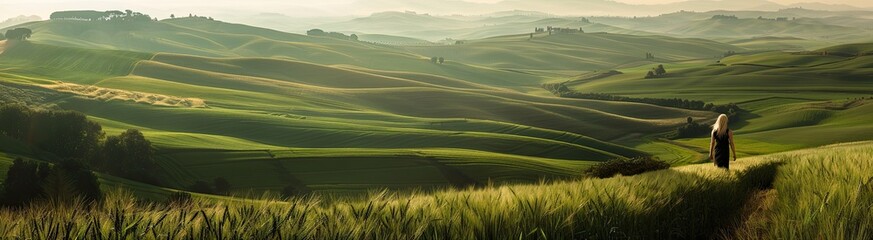 Obraz premium Woman Admiring Green Rolling Hills Landscape.