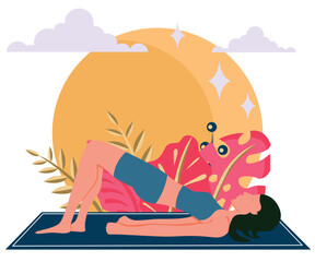 Setu Bandha Sarvangasana. Yoga position. A girl on a rug against a background of nature with plants and the sun. Vector flat illustration