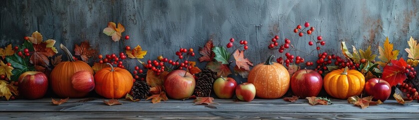 A detailed close-up of a beautifully arranged display of autumn harvest including pumpkins and apples, focusing on the natural textures, set against a muted, stylish backdrop, exte