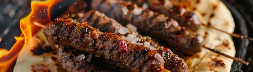 Serbian cevapi, small grilled meat sausages, served with flatbread, onions, and ajvar, outdoor summer barbecue setting, festive atmosphere