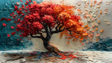 tree red leaves field sculpture paper cutouts plain color blur bonsai orange ribbons splashing deep lacking three dimensionality