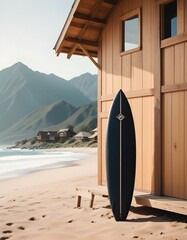  A surfboard standing upright on a sandy beach