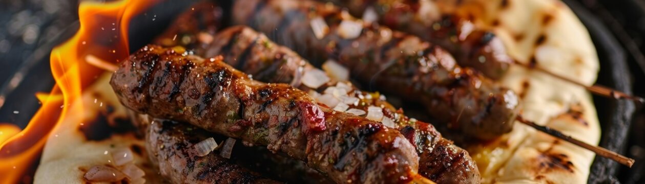 Serbian cevapi, small grilled meat sausages, served with flatbread, onions, and ajvar, outdoor summer barbecue setting, festive atmosphere