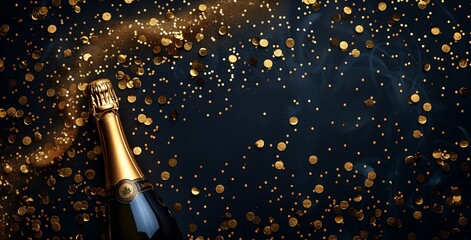 sparkling champagne bottle golden confetti background top selection flares museum curator evokes delight party midnight cold drinks