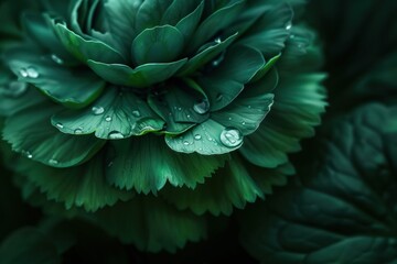 Detailed close-up of a green flower's layered petals, highlighted by droplets of water enhancing the vibrant color and texture.