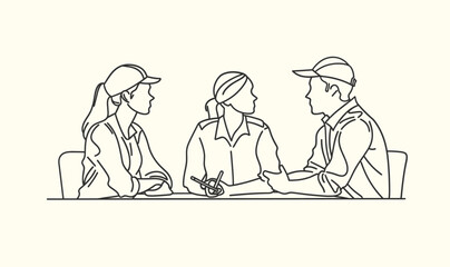 business people having a meeting,  Strategy, Collaboration, Decision Making, Innovation, Productivity, line art vector illustration, modern line art. 